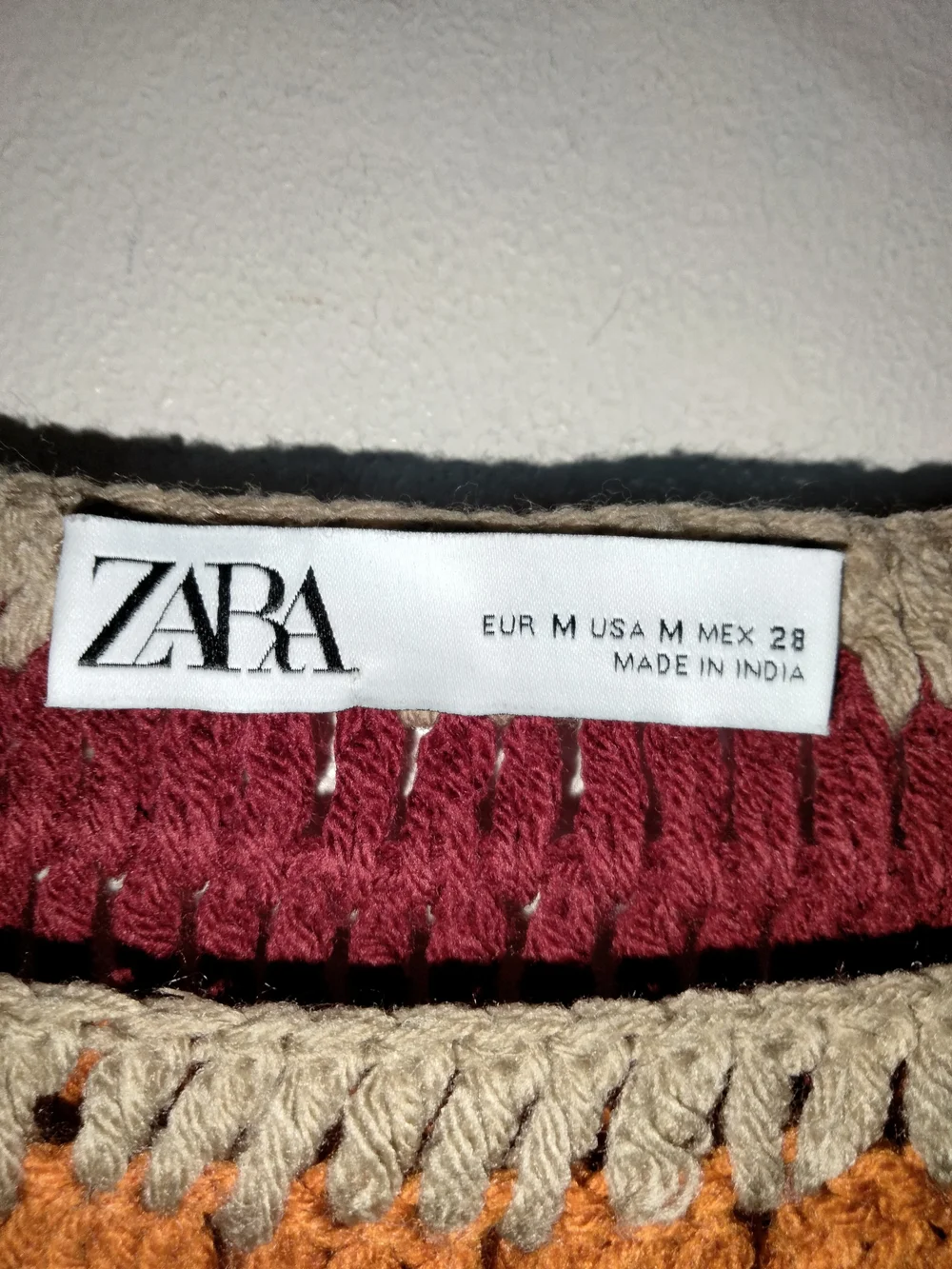 ZARA (Sz M) Multicolor Crochet Square-Front Boho LS Sweater in Beige/Navy/Maroon